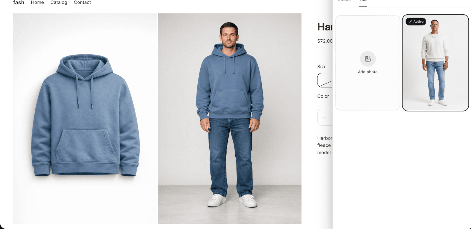 Try-on widget panel open on a Shopify product page